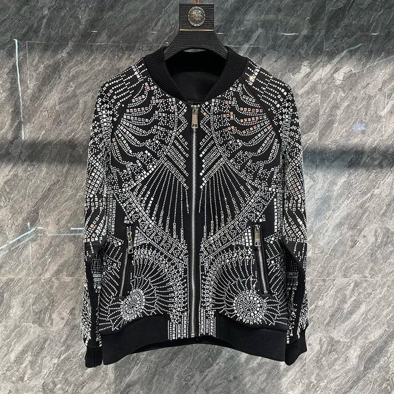 Men's Vintage Luxury Diamond Rib Sleeve Polyester Bomber Jacket