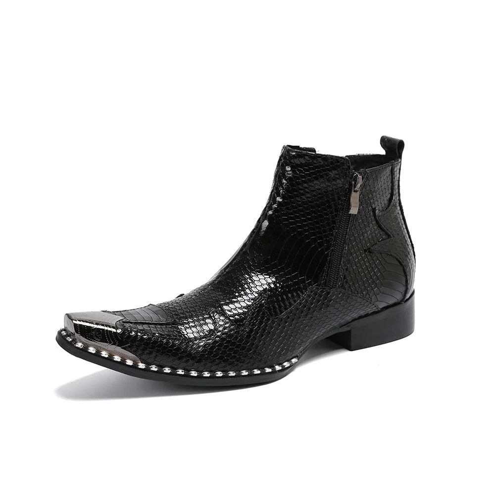 Men's Western Handmade Soft Leather Pointed Metal Tip Zipper Ankle Boots