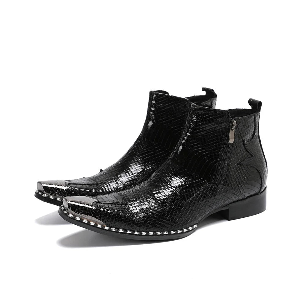 Men's Western Handmade Soft Leather Pointed Metal Tip Zipper Ankle Boots