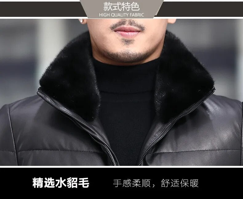 Men's Winter Warm Solid Sheepskin Mink Fur Collar Casual Jacket