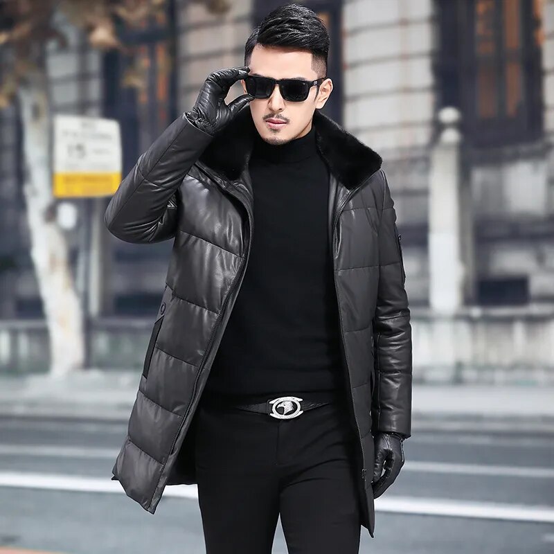 Men's Winter Warm Solid Sheepskin Mink Fur Collar Casual Jacket