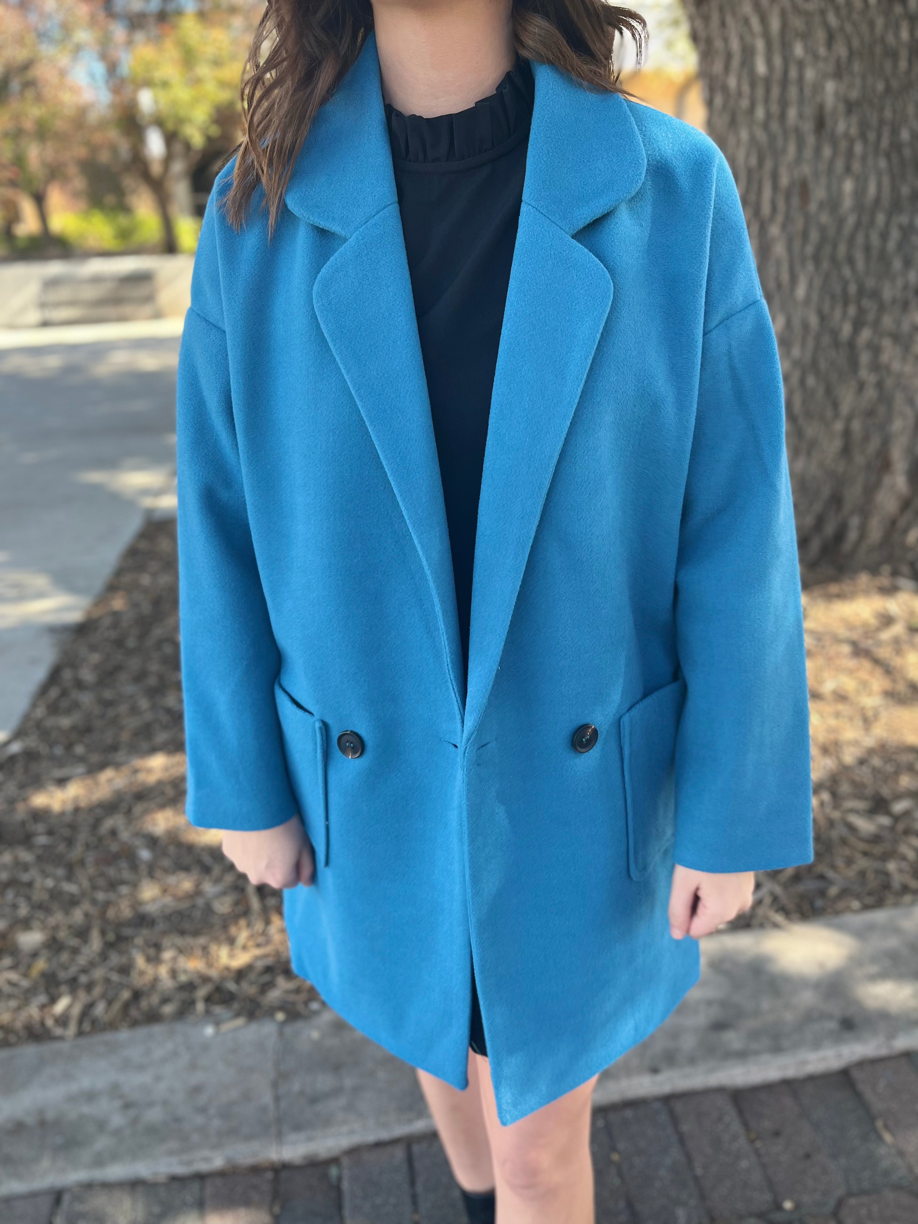 OVERSIZED DOUBLE BUTTON HALF LENGTH COAT- TEAL