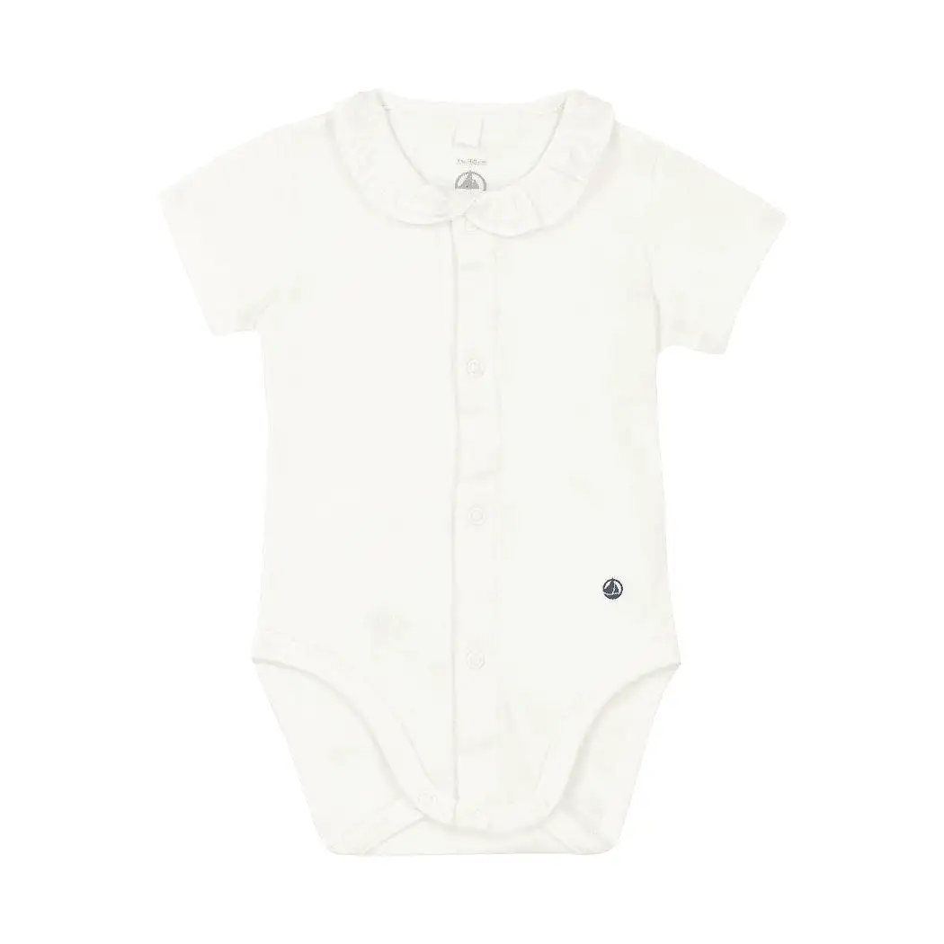 Petit Bateau Baby Girl Short Sleeve Bodysuit with Snaps and Ruffle Collar - White