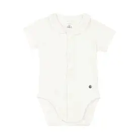 Petit Bateau Baby Girl Short Sleeve Bodysuit with Snaps and Ruffle Collar - White