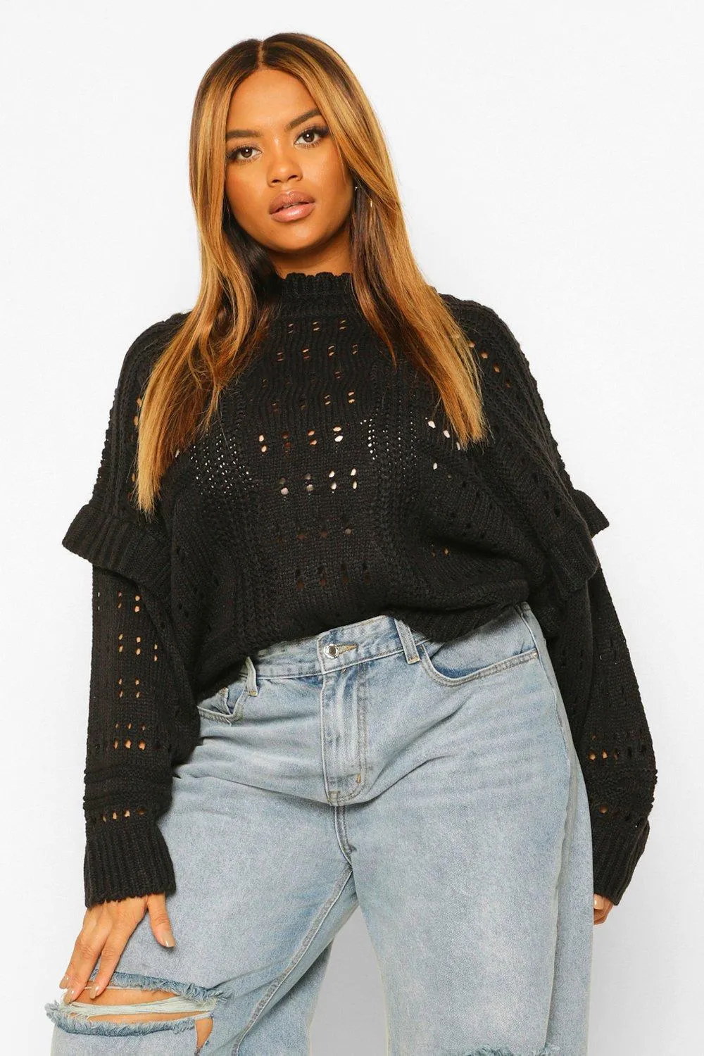 Plus Chunky Knit High Neck Ruffle Sweater