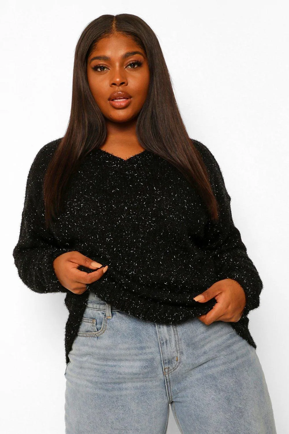 Plus V Neck Marl Oversized Sweater