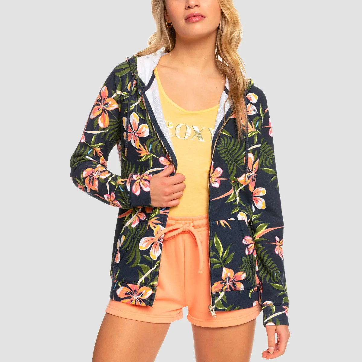 Roxy Dive Deep Zip Hoodie Mood Indigo Tropical Depth - Womens