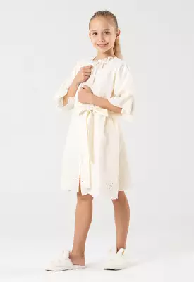 Schiffli Open Robe With Self Tie Waist Band