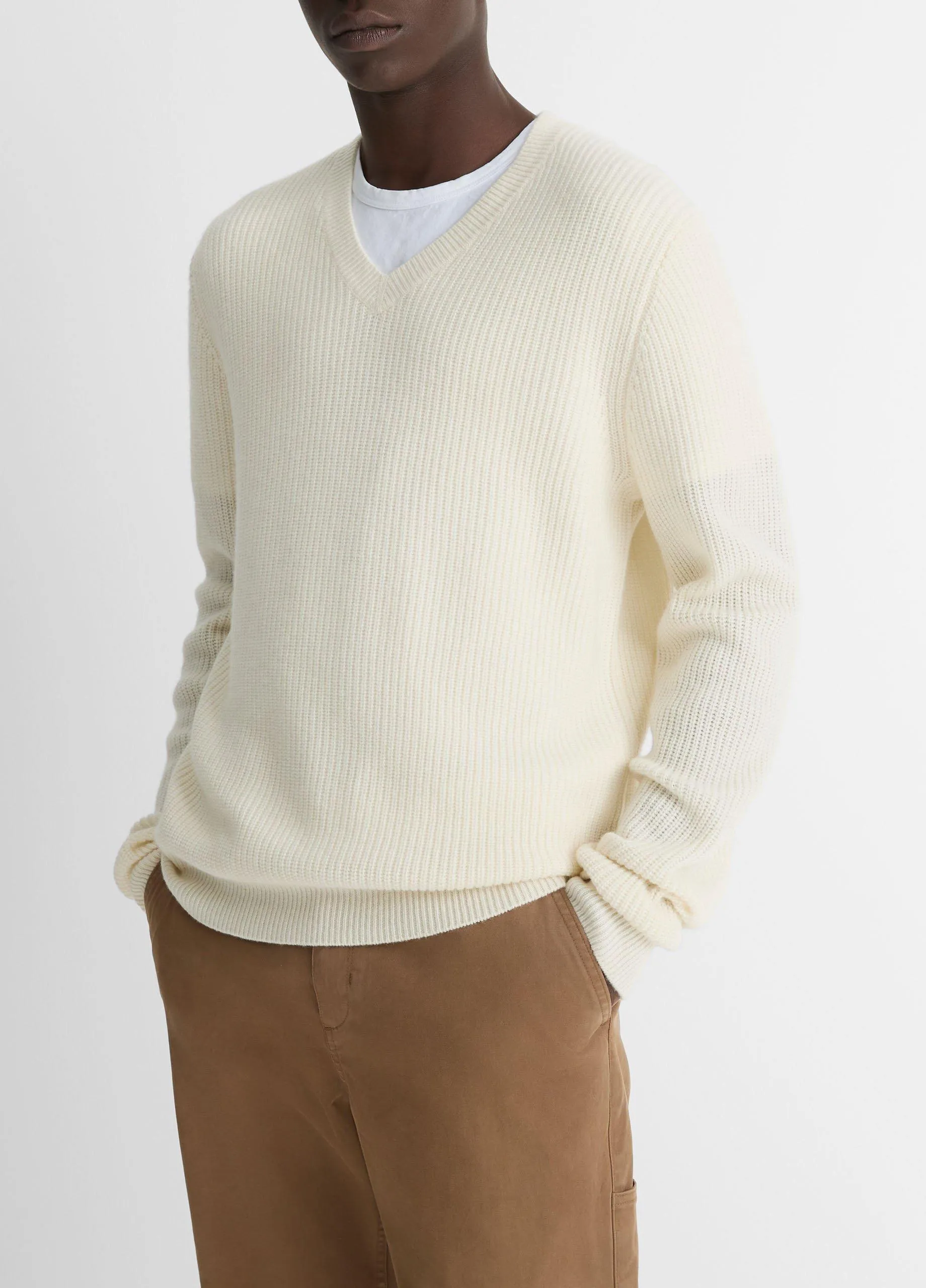 Shaker-Stitch Wool-Cashmere V-Neck Sweater