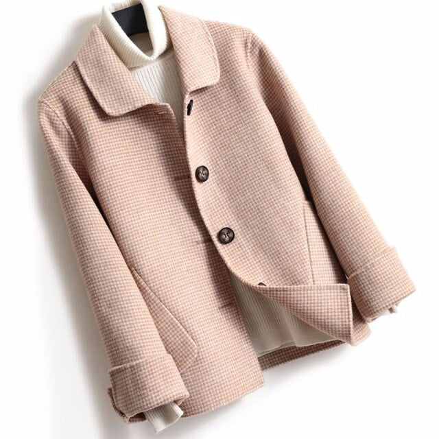 Short Plaid  Wool Coat Women New Single Breasted Turn-down Collar pocket Winter Pure Wool Jacket Female Casaco Feminino