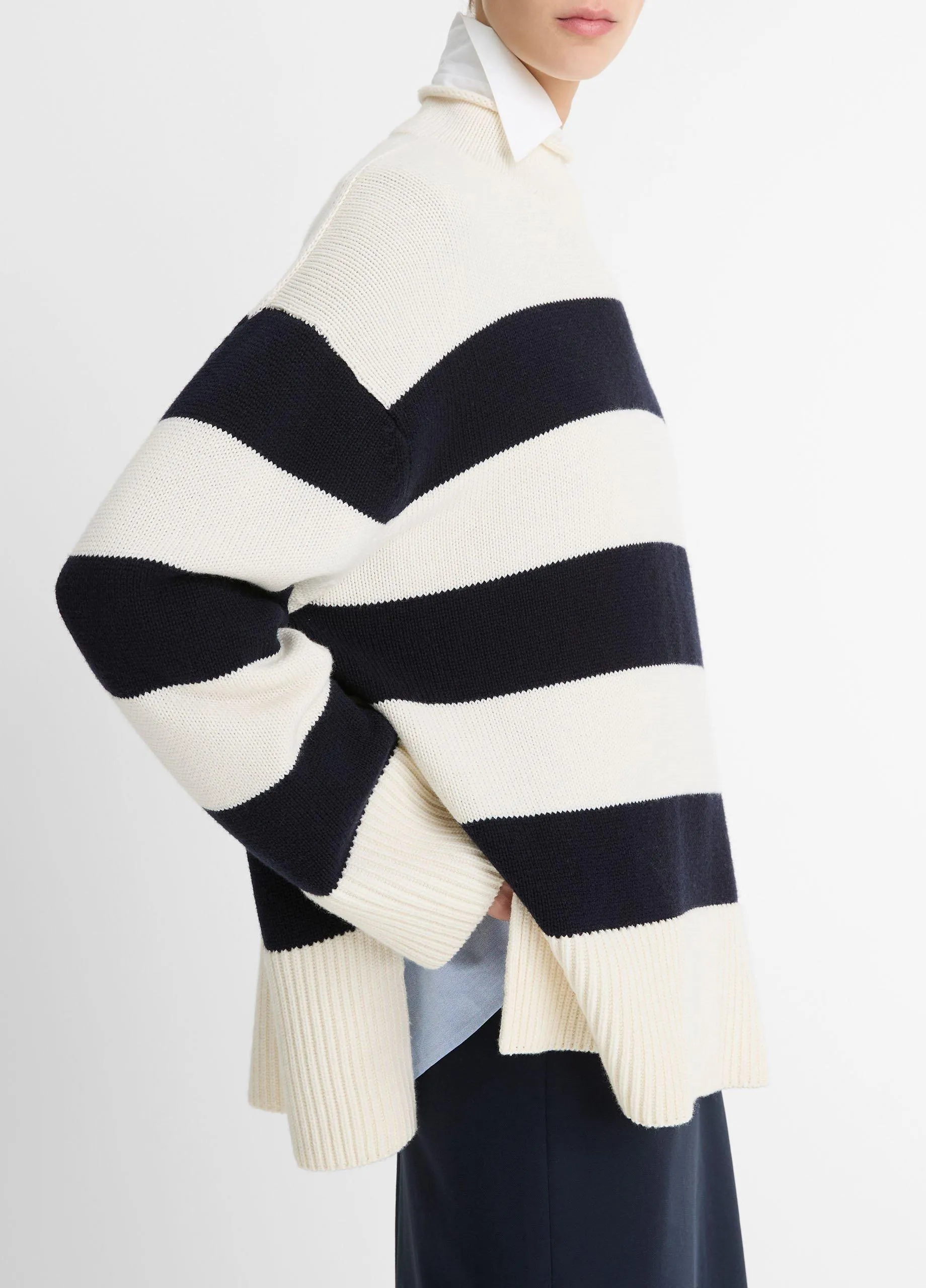 Striped Wool-Cotton Oversized Roll-Neck Sweater