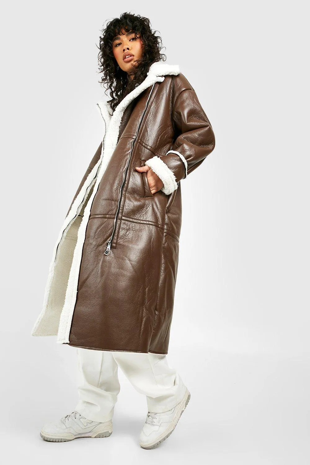 Teddy Trim Longline Aviator Coat