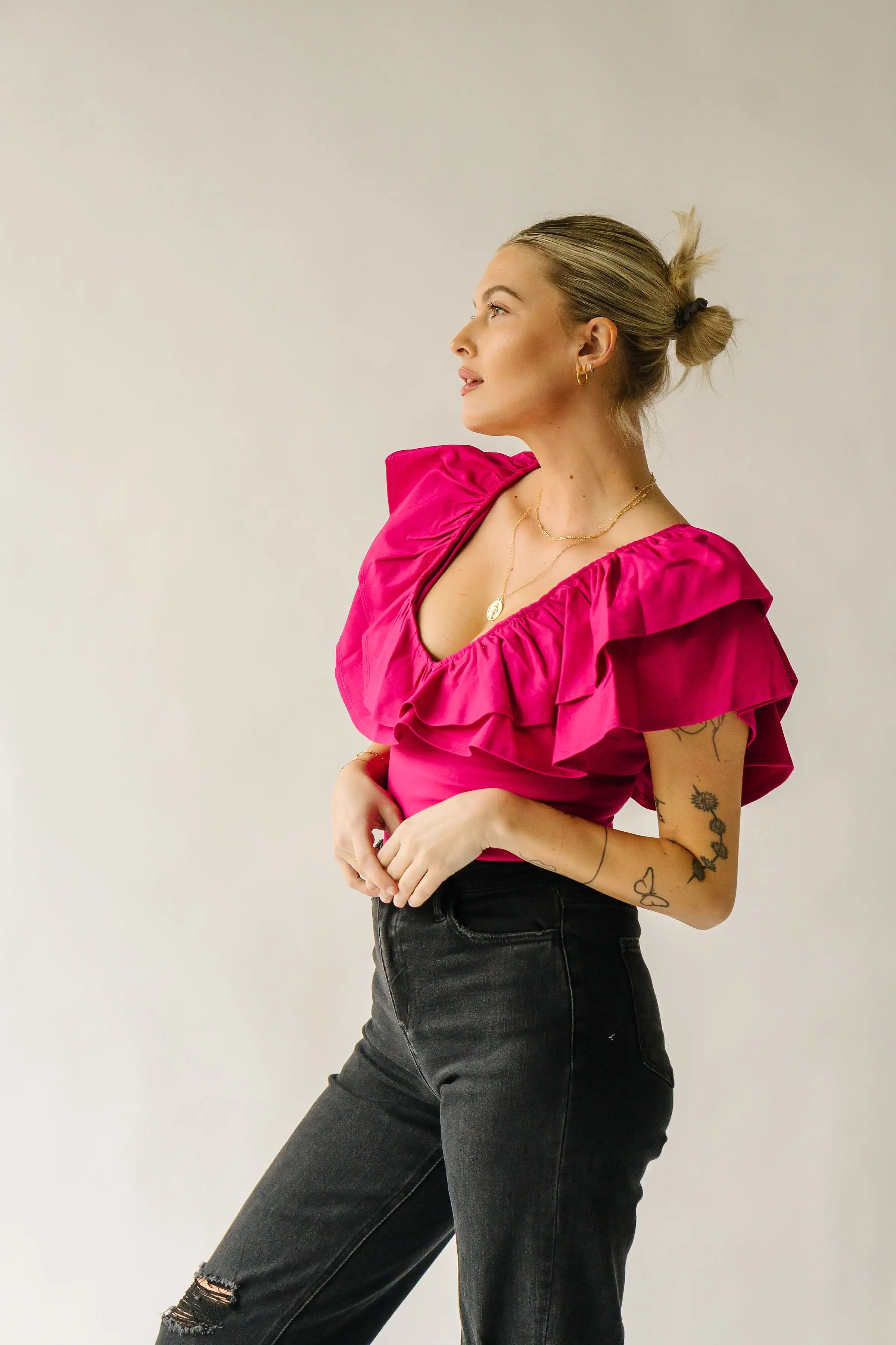 The Pedersen Ruffle Bodysuit in Magenta