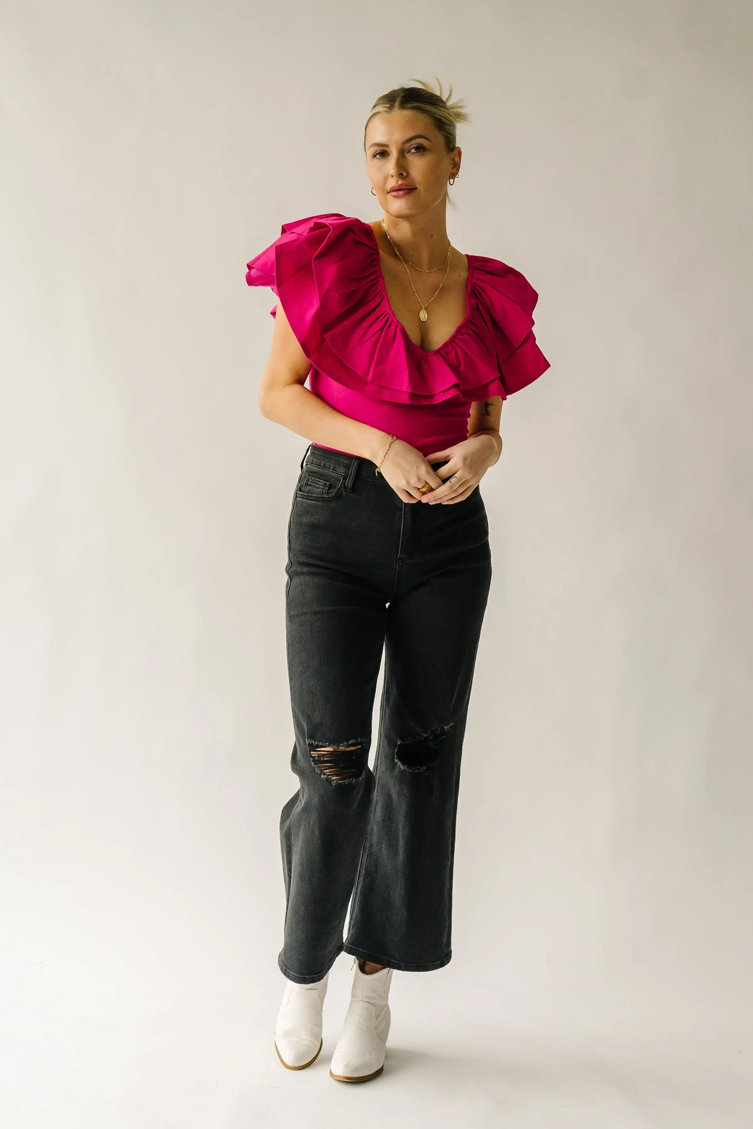 The Pedersen Ruffle Bodysuit in Magenta