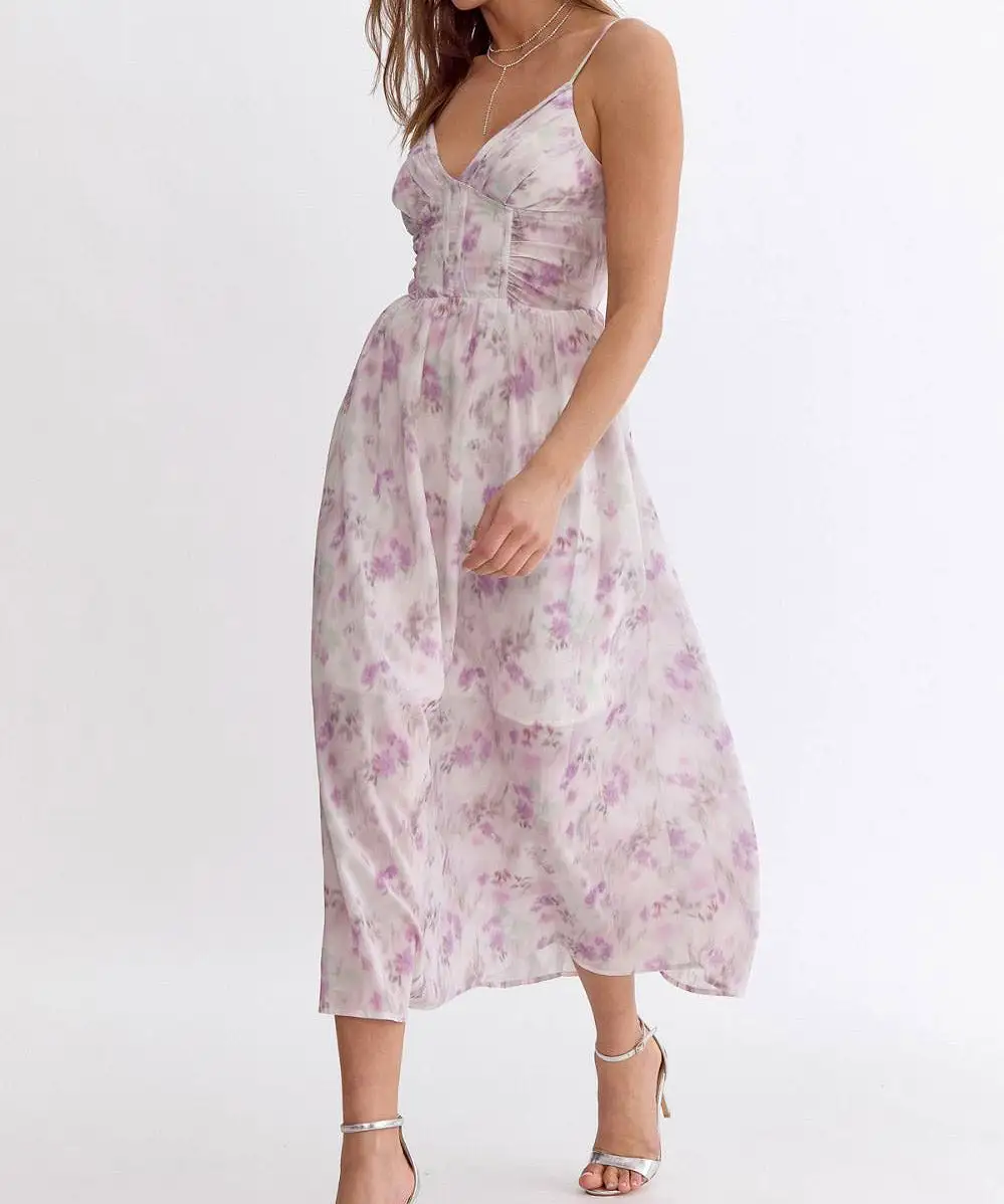 Watercolor Print Maxi Dress - Lavender