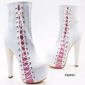 White Pink Corset  High Heel Platform Boots