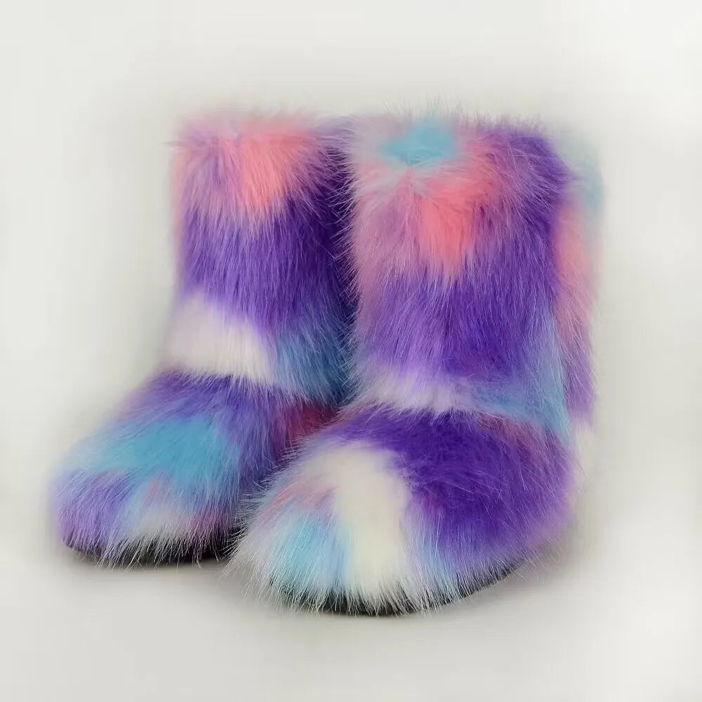 Winter Shoe Women's Winter Fluffy Faux Fox Fur Boots Woman Plush Warm Snow Boots Luxury Footwear Girls' Furry Fur Bottes Fashion