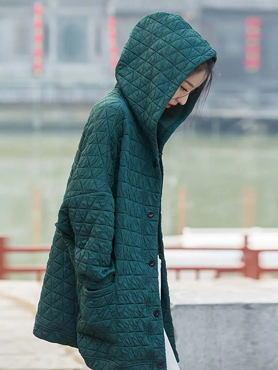 Women Button Pocket Hooded Coat