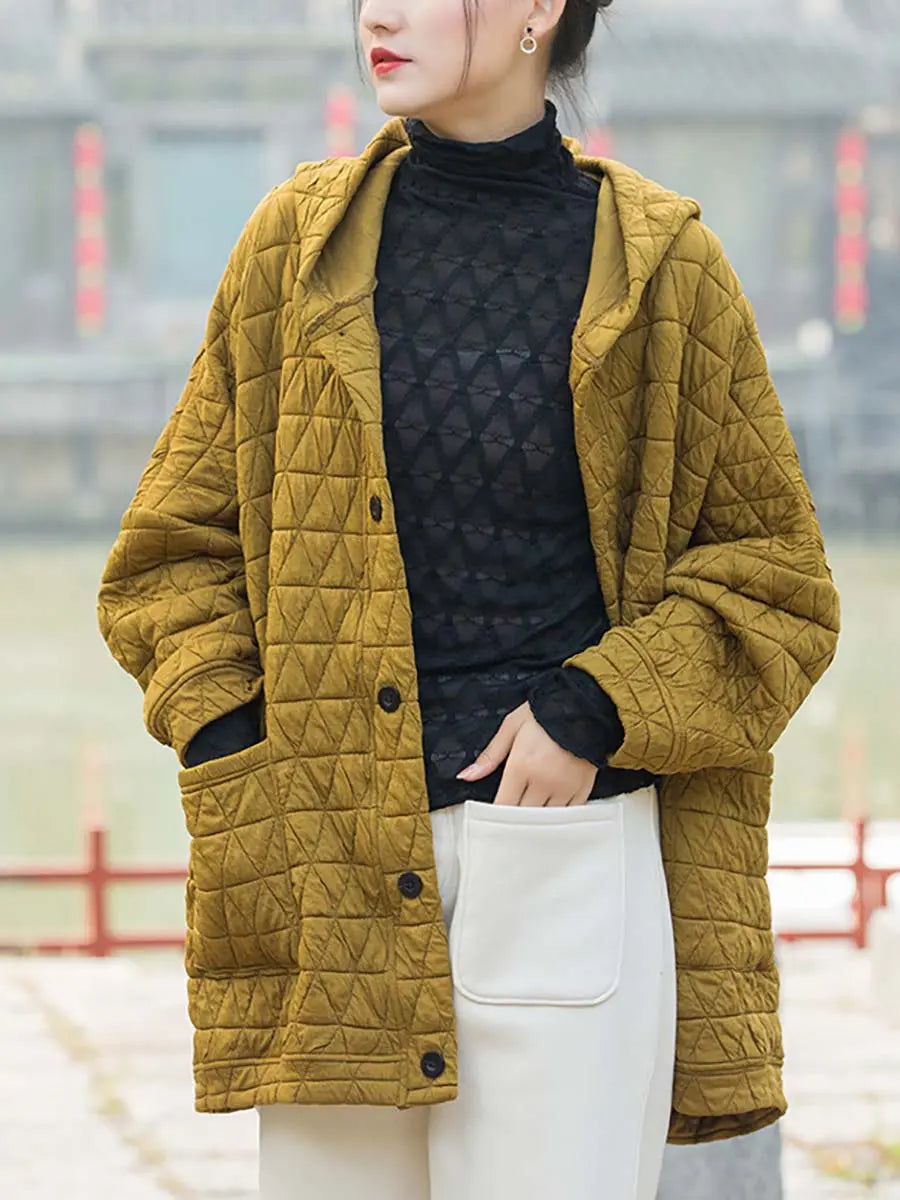 Women Button Pocket Hooded Coat