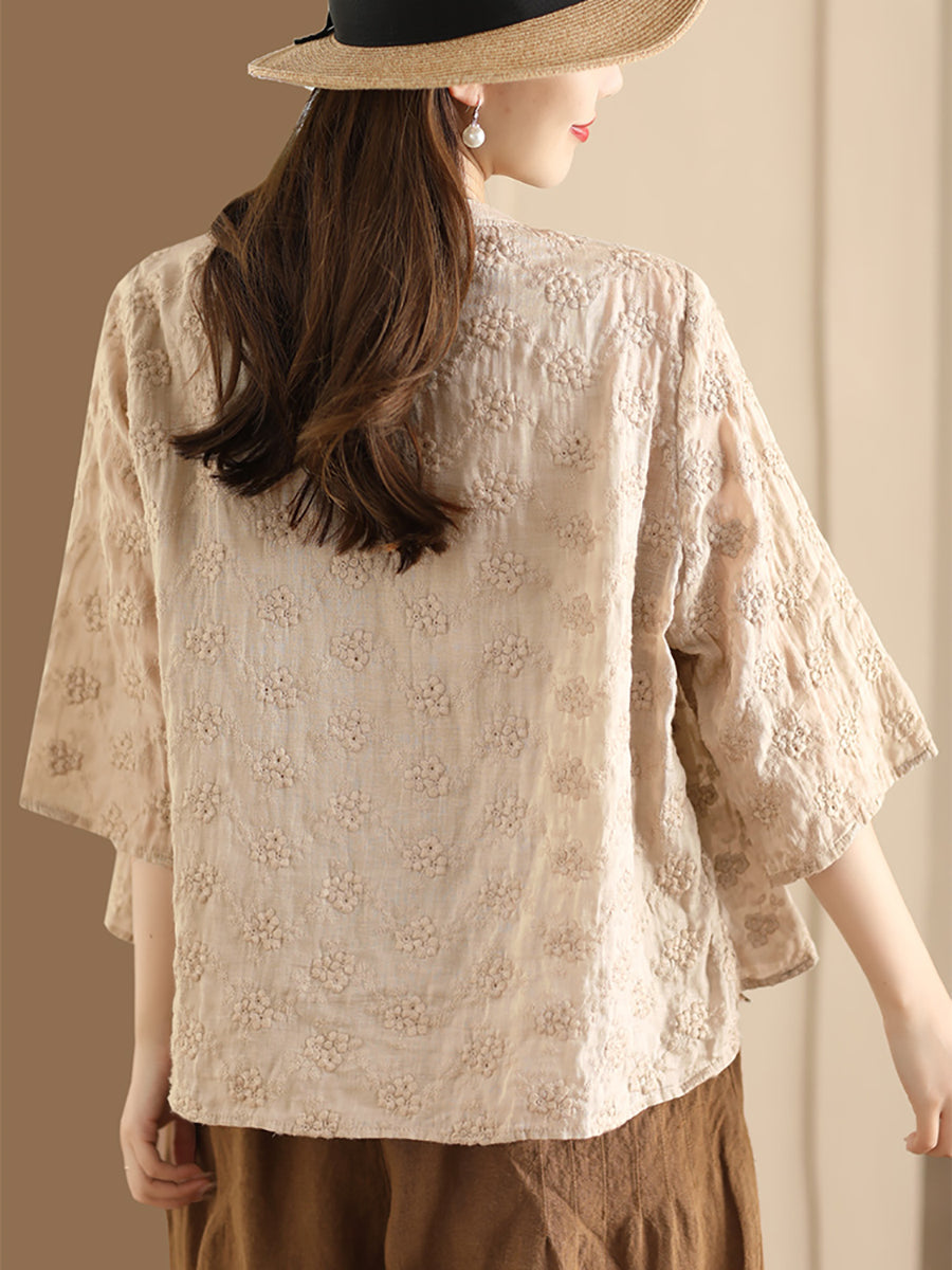 Women Ethnic Flower Jacquard Button-up Ramie Blouse SC1023