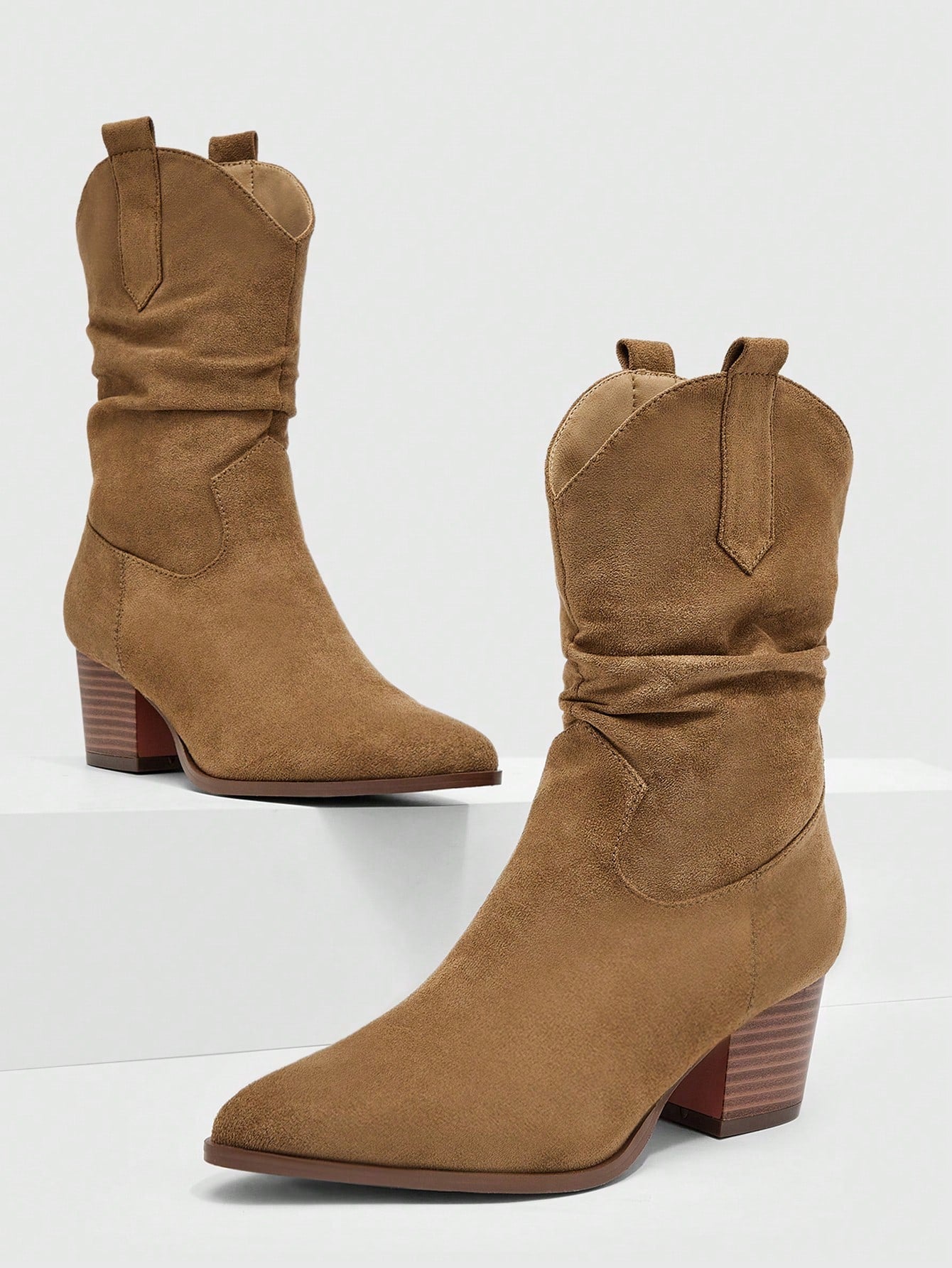 Women Fabric Ruched Detail Slip-on Outdoor Chunky Heeled Fashion Boots, Elegant Western Boots