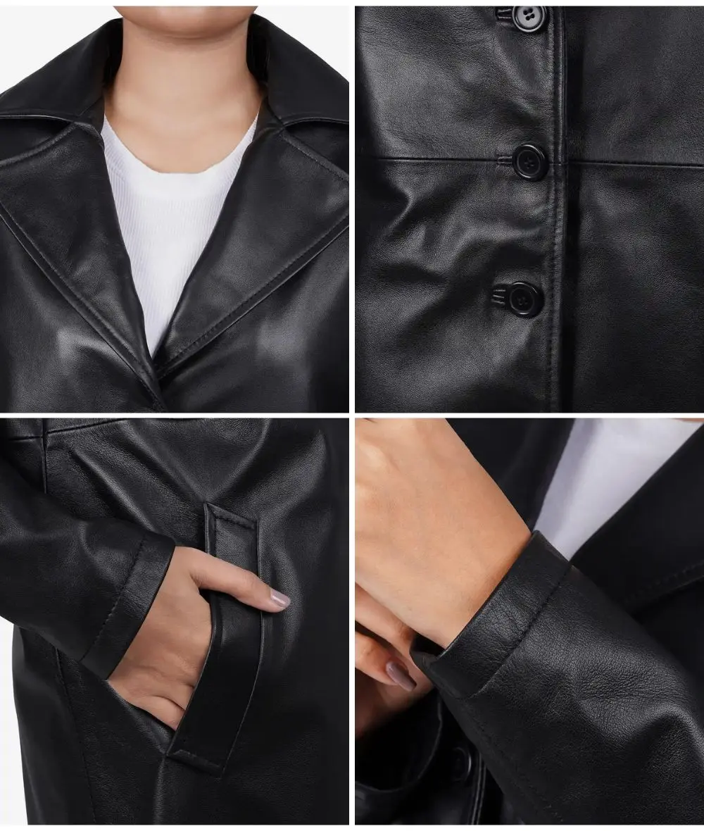 Women's Black Lambskin Leather Relaxed Fit Coat