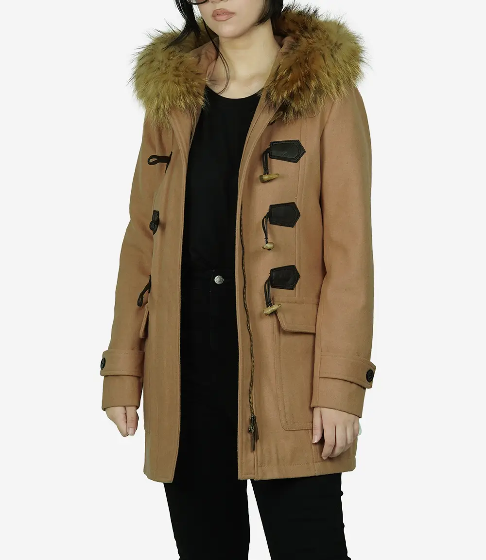 Women's Camel Wool Duffle Coat With Fur Trimmed Hood