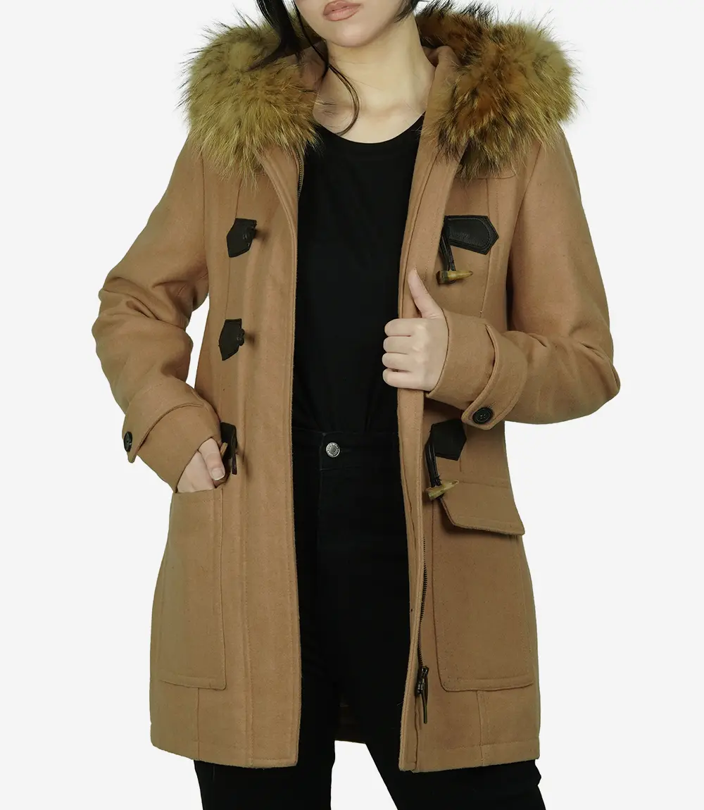 Women's Camel Wool Duffle Coat With Fur Trimmed Hood