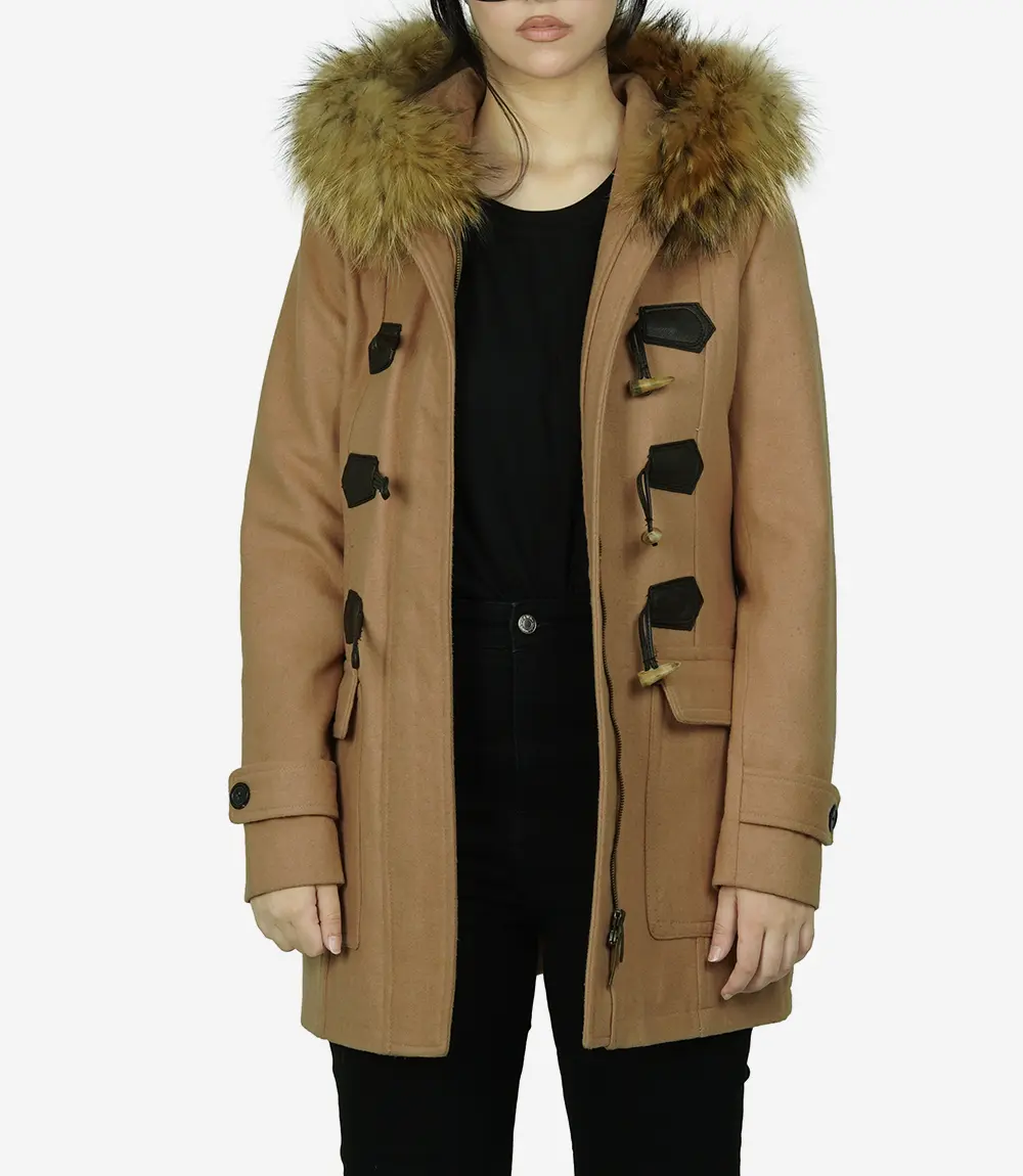 Women's Camel Wool Duffle Coat With Fur Trimmed Hood