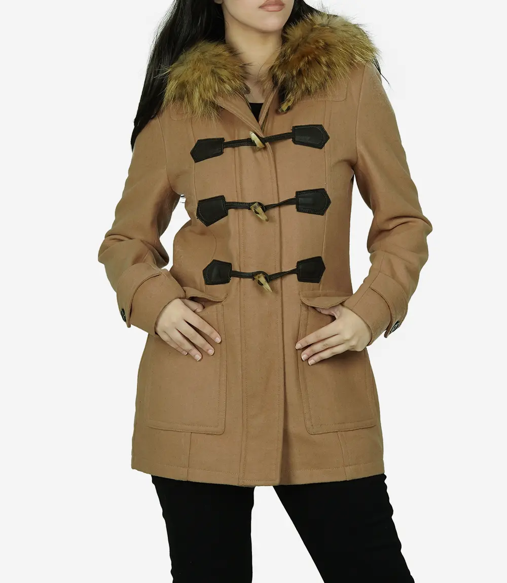 Women's Camel Wool Duffle Coat With Fur Trimmed Hood