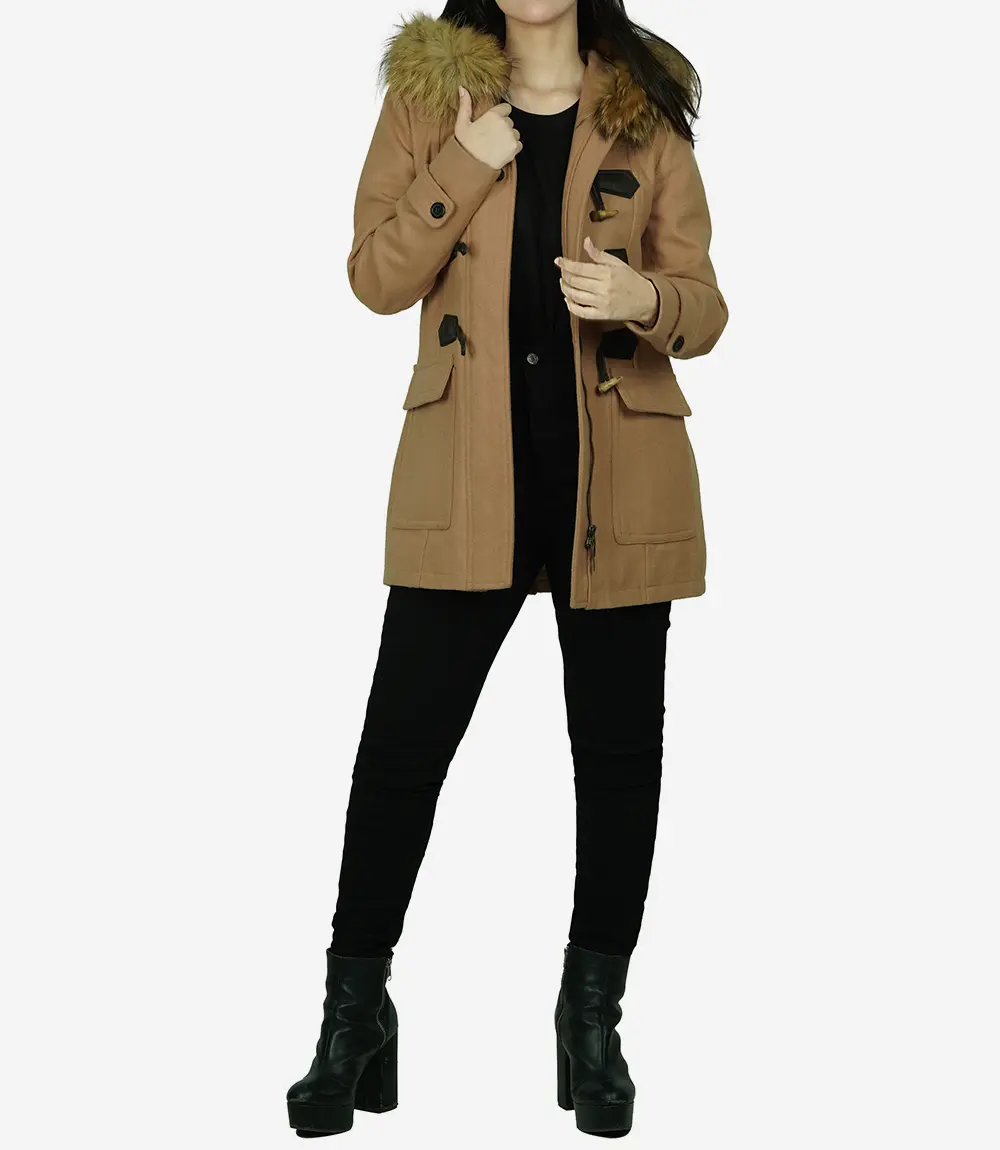 Women's Camel Wool Duffle Coat With Fur Trimmed Hood