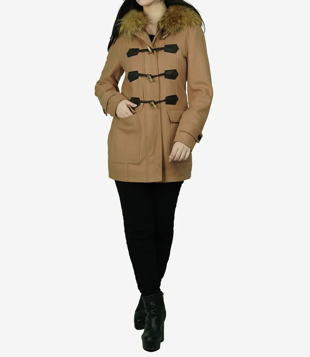 Women's Camel Wool Duffle Coat With Fur Trimmed Hood