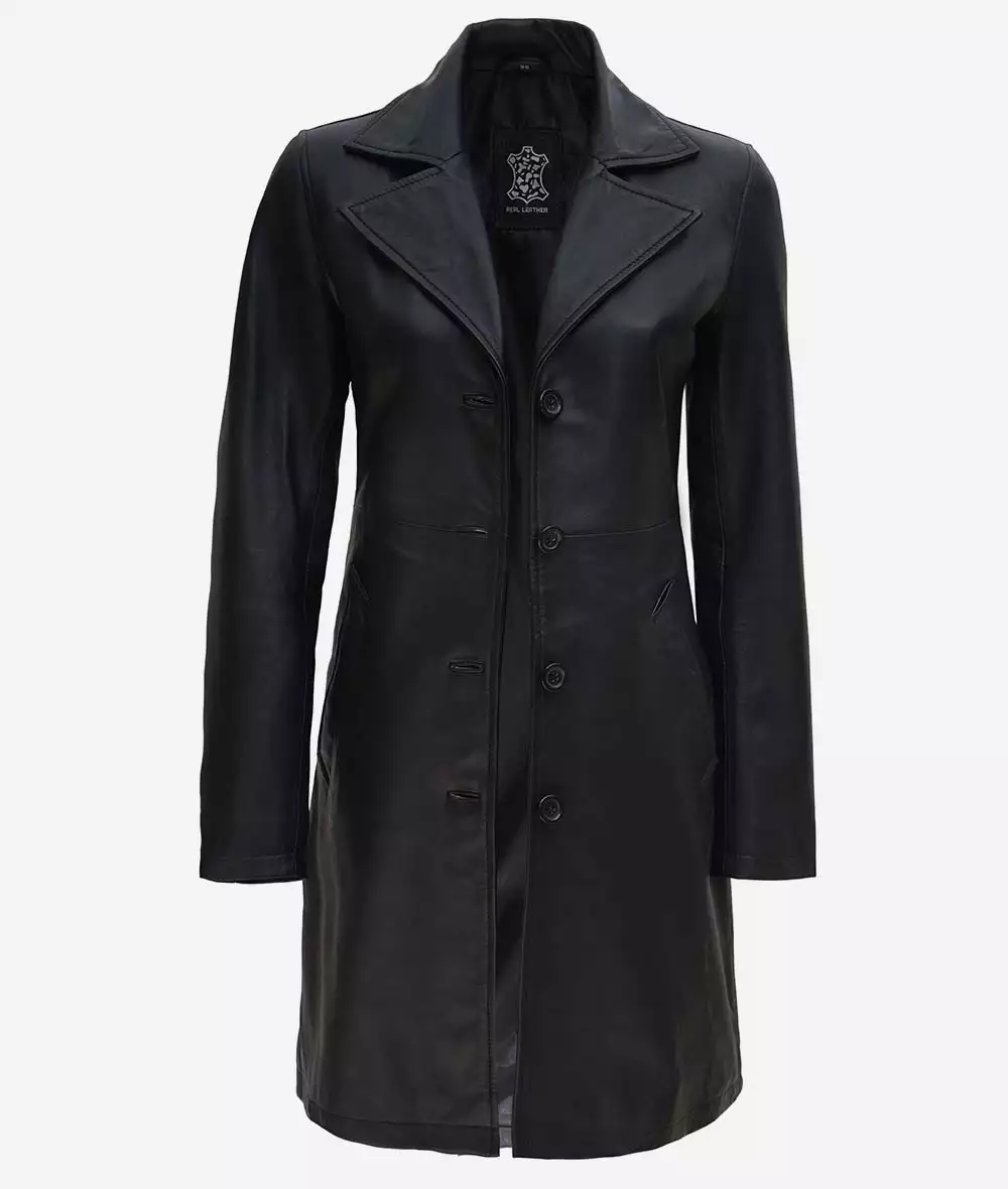 Women's Petite Black Notch Lapel Leather Coat