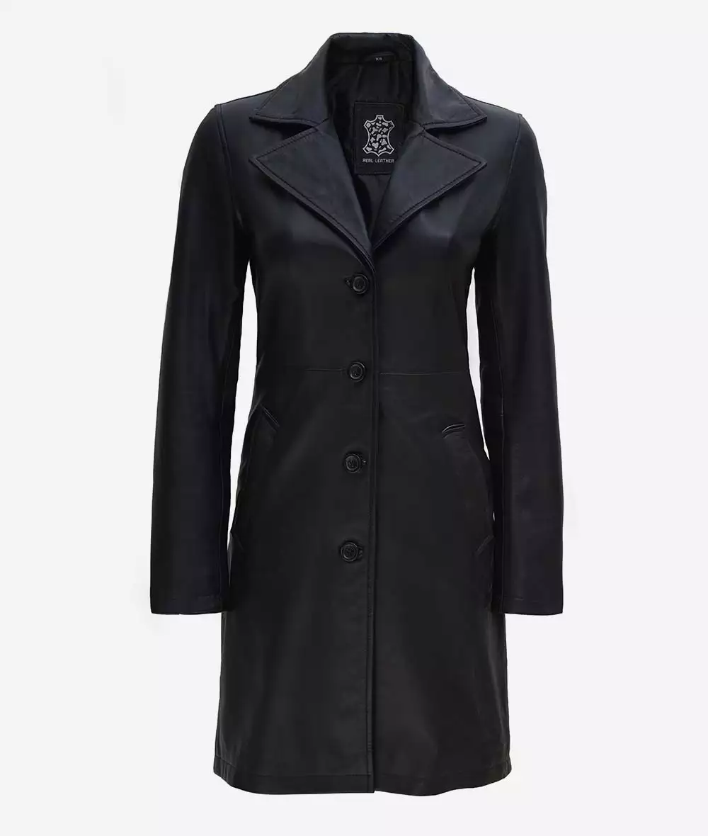 Women's Petite Black Notch Lapel Leather Coat