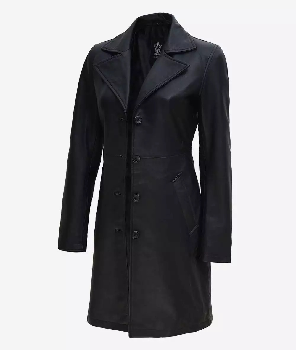 Women's Petite Black Notch Lapel Leather Coat