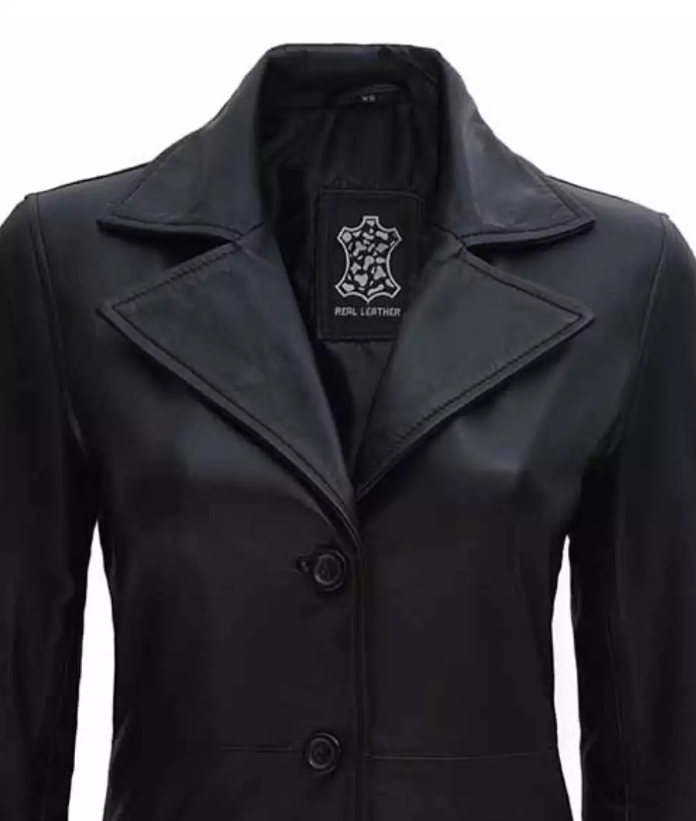 Women's Petite Black Notch Lapel Leather Coat