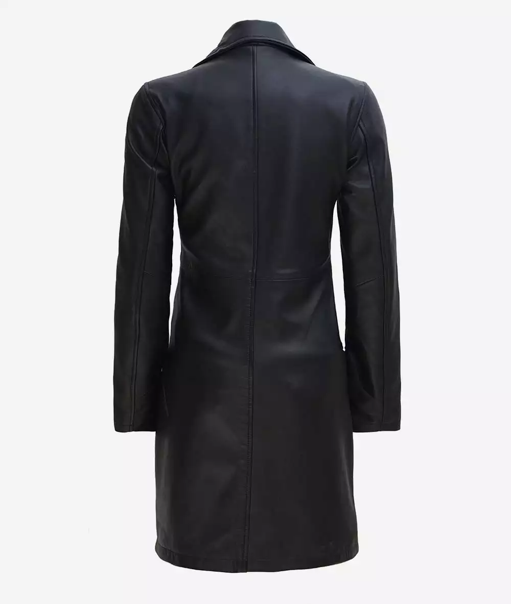 Women's Petite Black Notch Lapel Leather Coat