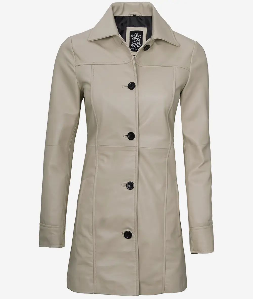 Women's Real Lambskin Leather 3/4 Length Beige Coat