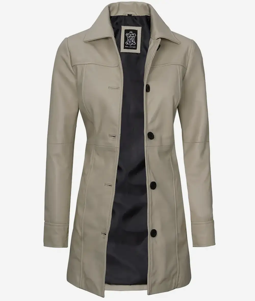 Women's Real Lambskin Leather 3/4 Length Beige Coat