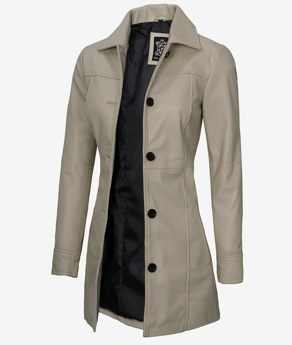 Women's Real Lambskin Leather 3/4 Length Beige Coat