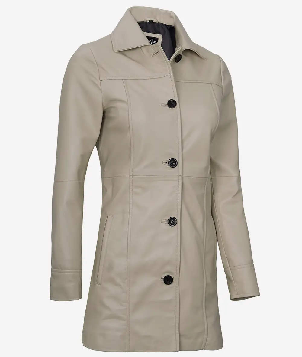 Women's Real Lambskin Leather 3/4 Length Beige Coat