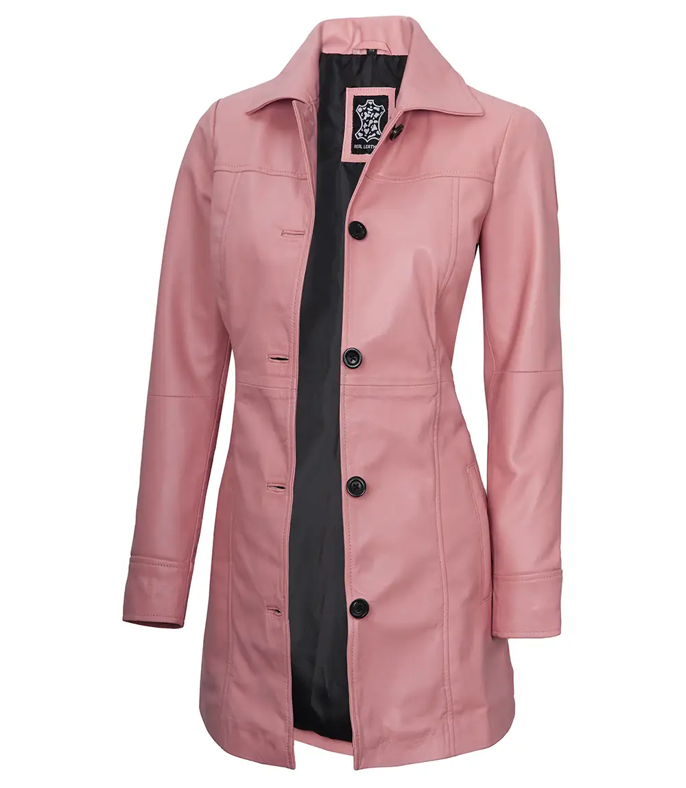 Women's Real Lambskin Leather 3/4 Length Pink Coat