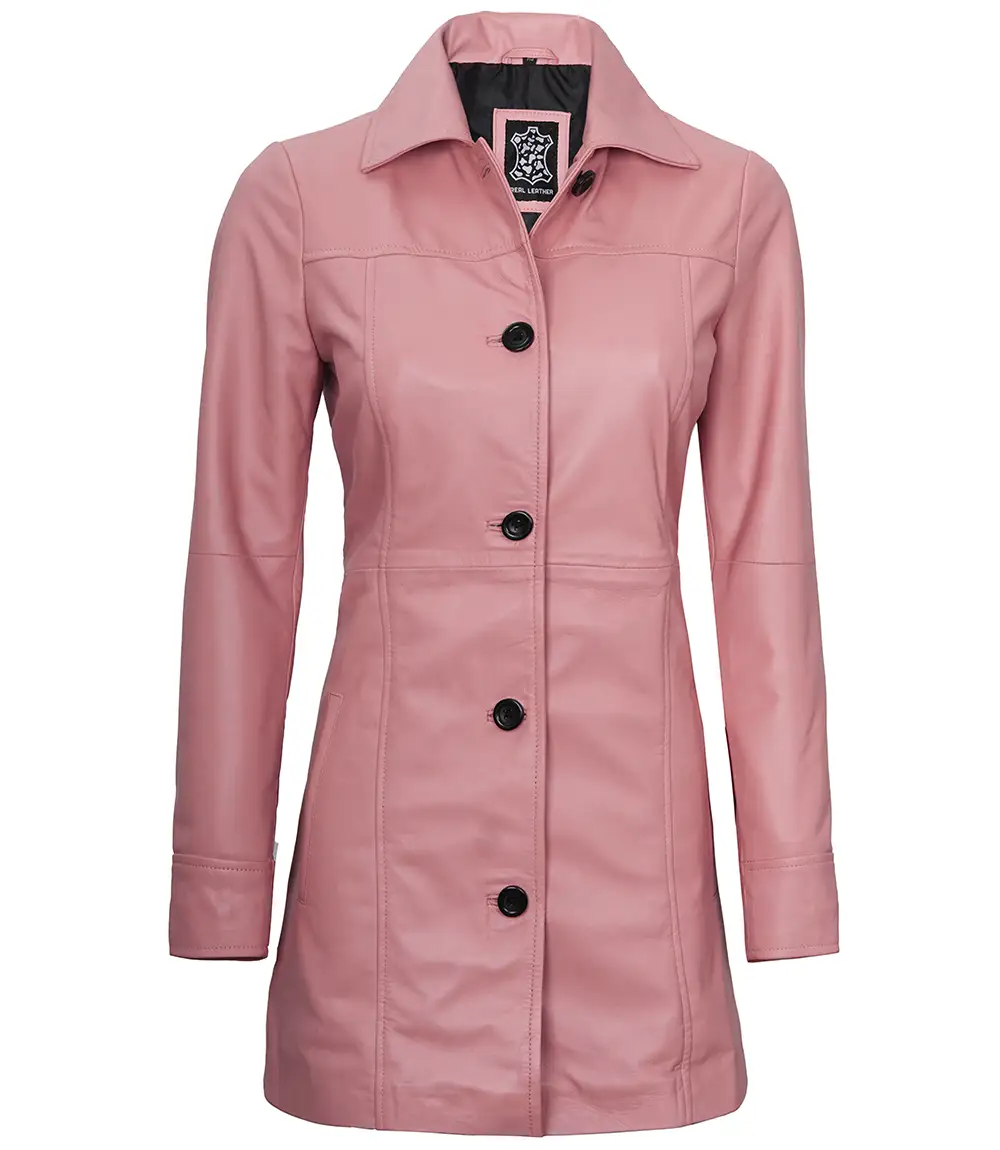 Women's Real Lambskin Leather 3/4 Length Pink Coat