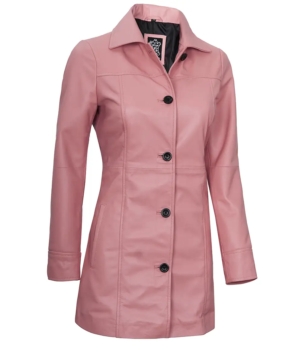 Women's Real Lambskin Leather 3/4 Length Pink Coat