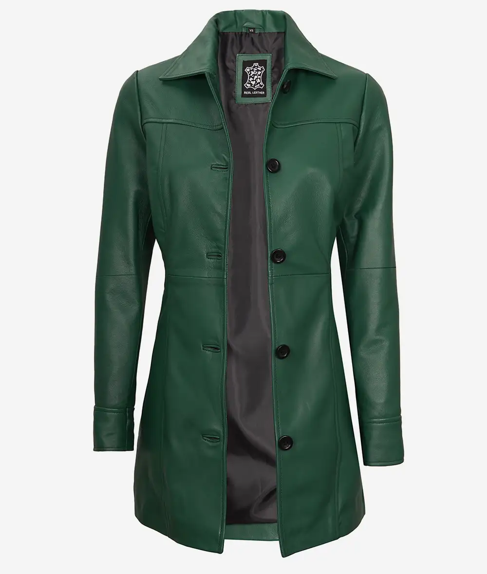 Women's Real Leather 3/4 Length Button Down Green Coat