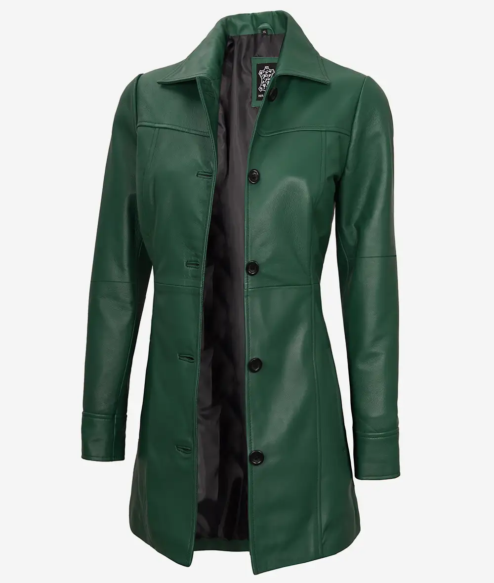 Women's Real Leather 3/4 Length Button Down Green Coat