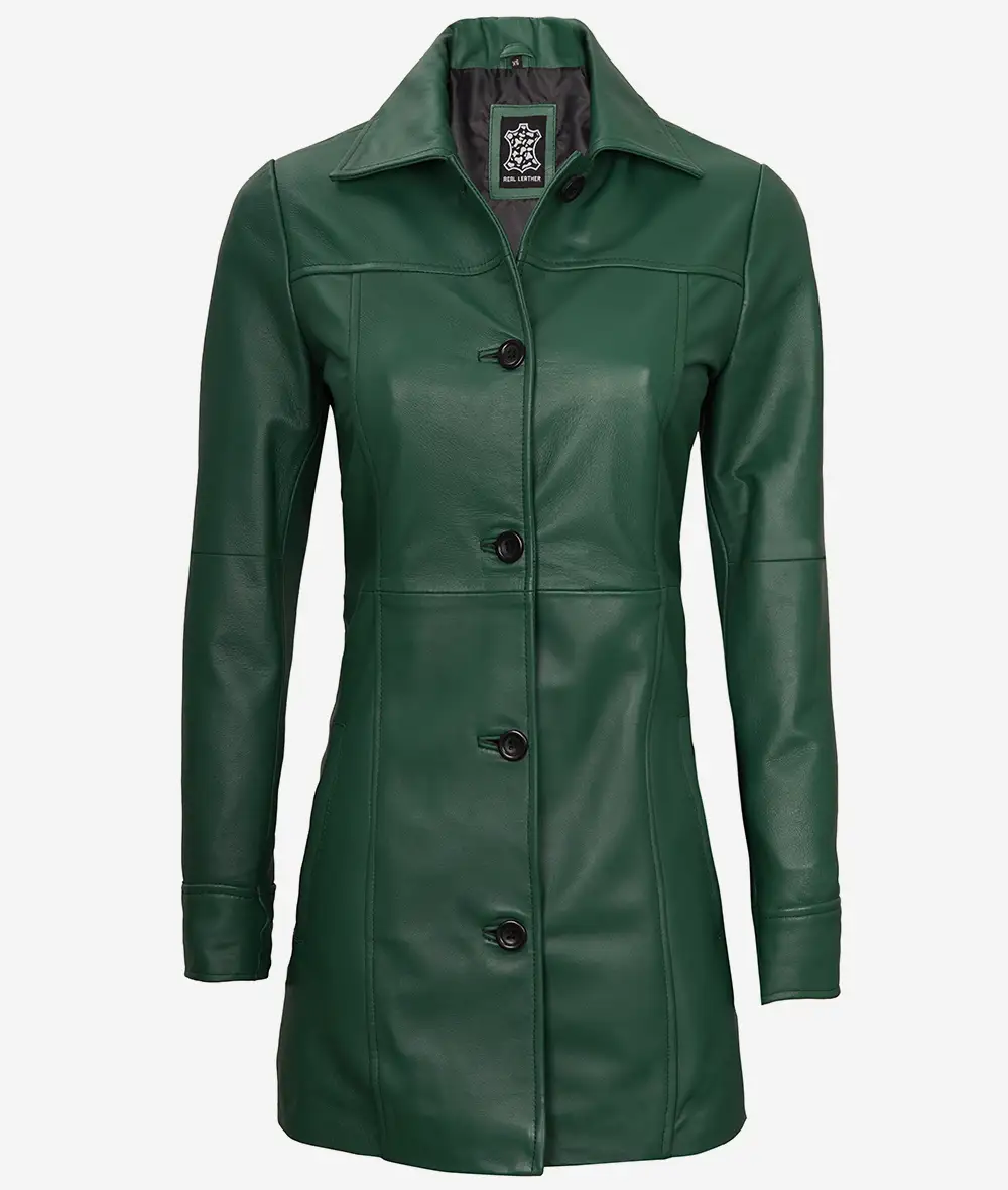 Women's Real Leather 3/4 Length Button Down Green Coat