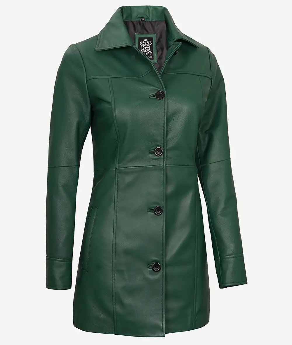 Women's Real Leather 3/4 Length Button Down Green Coat