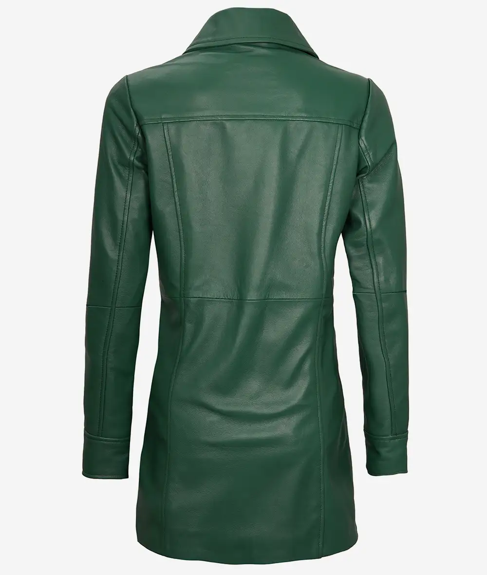 Women's Real Leather 3/4 Length Button Down Green Coat