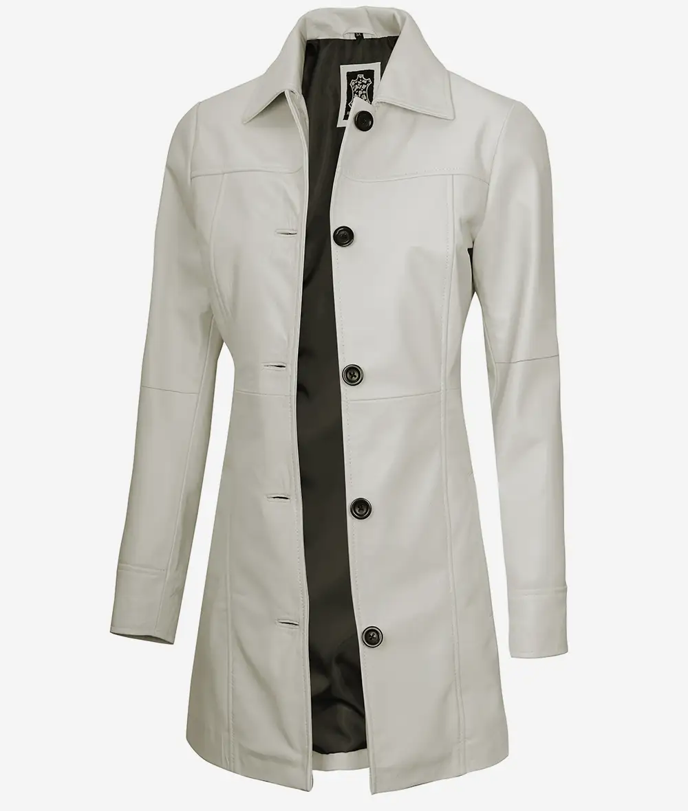 Women's Real Leather Off White 3/4 Length Coat